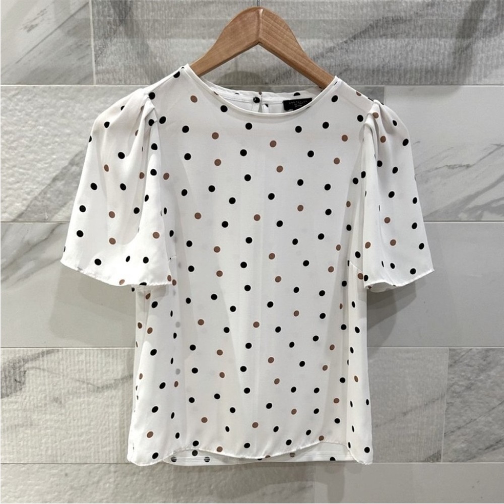 Ann Taylor - White Blouse with Black and Brown Polka Dots